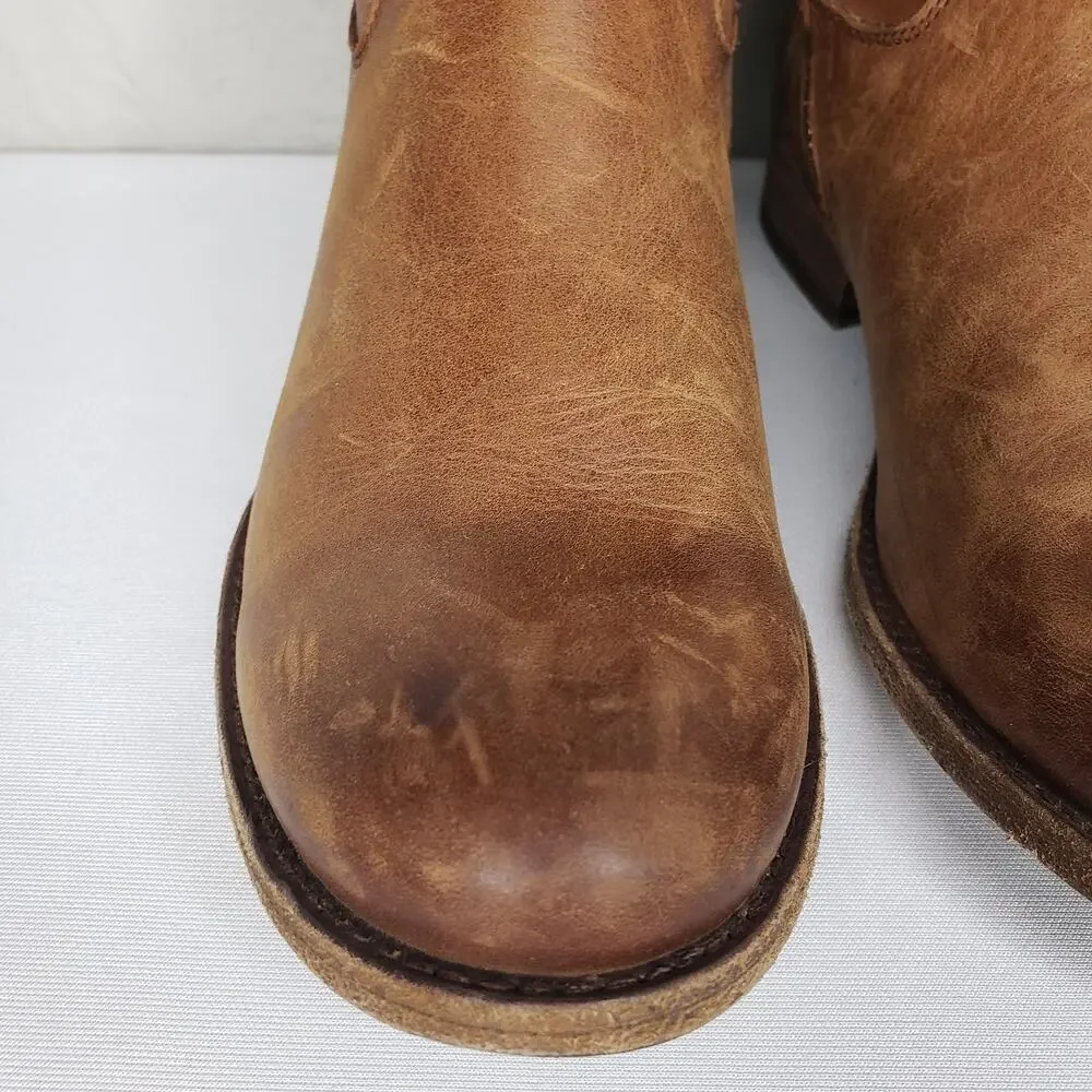 Frye Melissa Size 7B Button Inside Zip Tall Leather Boots Cognac Distressed